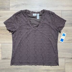 Covington Womens Short Sleeve Lined Lace V-Neck Top Size XL Brown